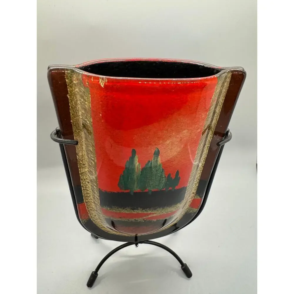 Vintage Jasmine Art Glass Vase in Metal Stand Black Gold Red Green Trees Vibrant